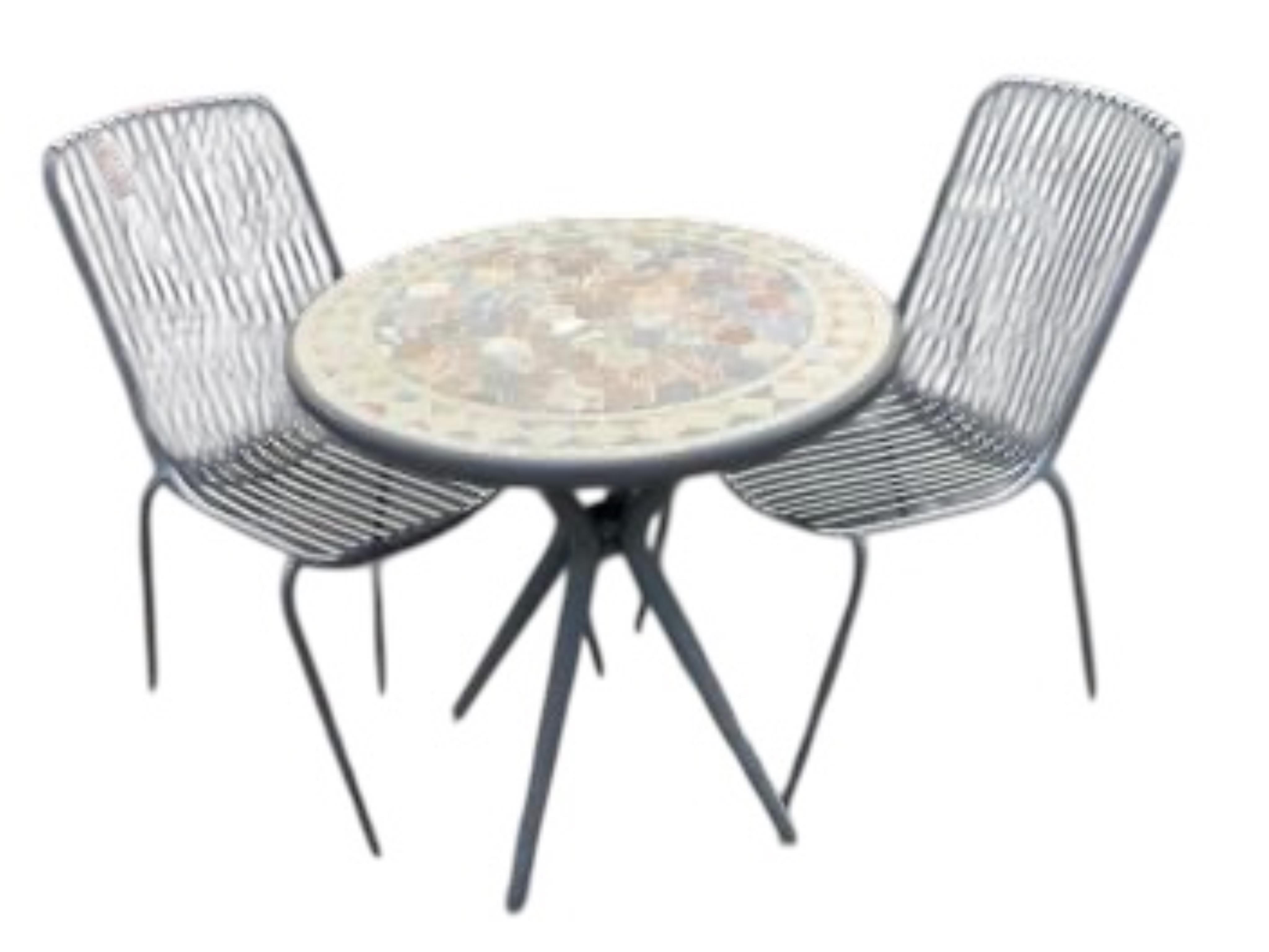 A circular mosaic stone garden table, diameter 69cm, height 75cm and two metal chairs
